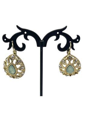 Gold-Tone Filigree Teardrop Earrings Blue Stone Rhinestone Dangle Leverback
